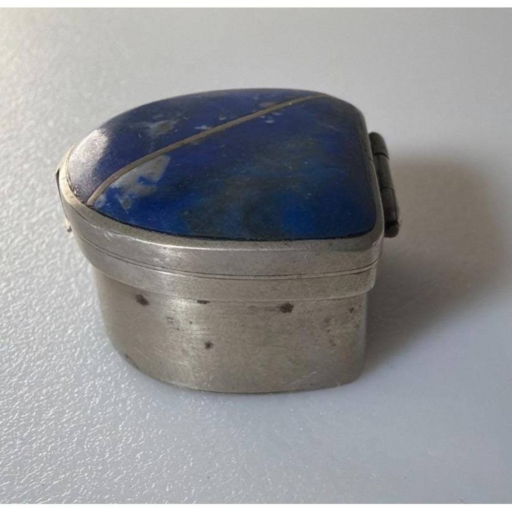 Lapis Lazuli Ring Pill Trinket Box Silver Metal Trim & Hinged Lid Pyrite Flecks - Picture 5 of 11